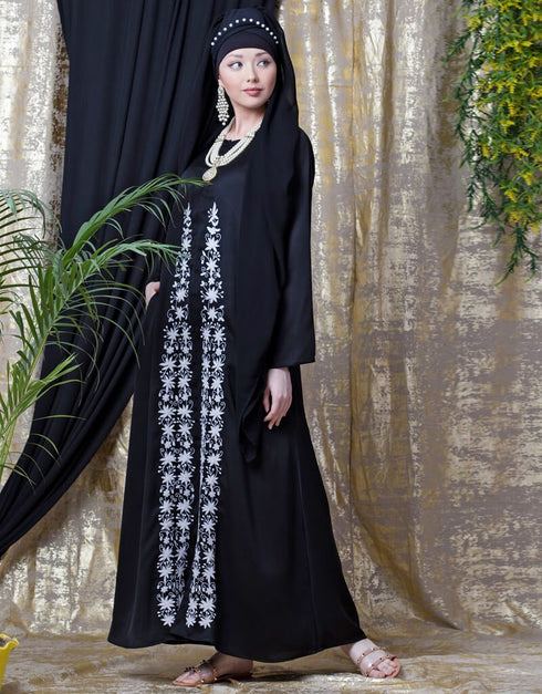 Dubai Front Embroidered Zip At Neck Nida Abaya White